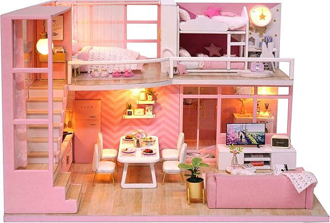 CUTEROOM DIY Miniature Dollhouse Kit with Furniture,Wooden Doll House with Music Movement & LED Lights,DIY House Kit Christmas Birthday Gifts -Dream Angel
