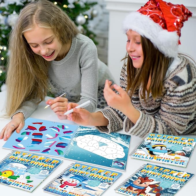 6Pcs Hello Winter Paint by Sticker Books for Kids Ages 4-8 Sticker by Number Books Activity Book for Kids Ages 3-5 Sticker Puzzle Book Xmas Craft Art Toddler Girl Gift with Snowman Penguin 48 Pictures