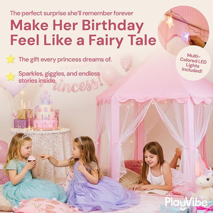 PLAYVIBE Princess Tent - 55 x 53 in, Toddler - Starry LED Lights Kids Tent - Cozy Indoor Playhouse - Portable & Easy Assembly Toddler Playhouse