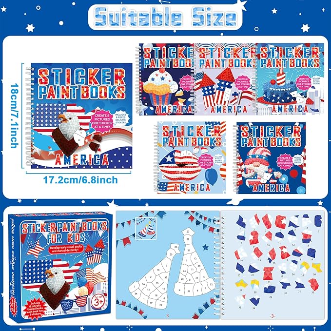6PCS 4th of July Patriotic Crafts Paint by Sticker Books for Kids Ages 4-8 Sticker by Number Book Activity Puzzle Book for Kids Age 3-5 Toddler Art Gift for Memorial Day American Flag Star 48 Pictures
