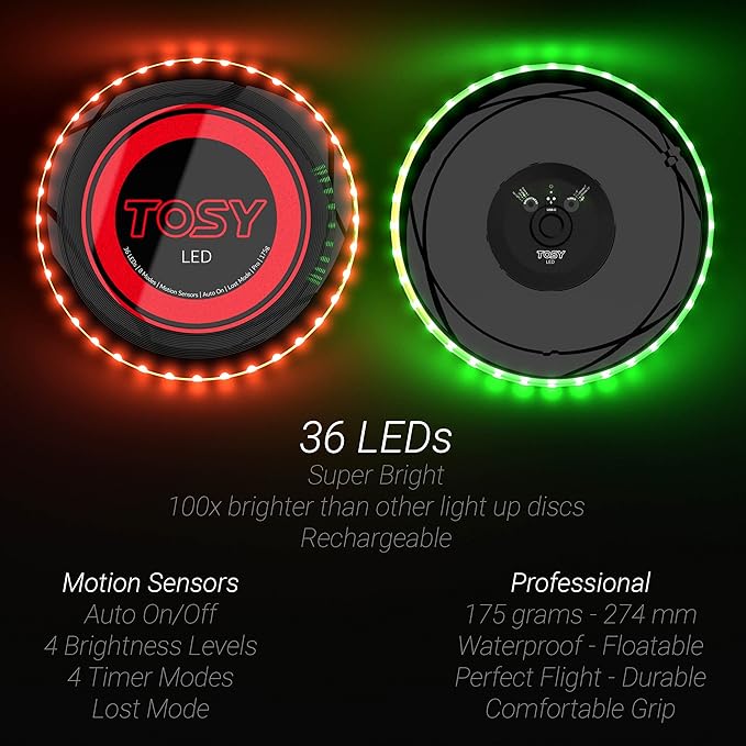 TOSY Bundle of 3-2X Green + Red - Flying Disc 36 LEDs, Super Bright, Smart Modes, Auto Light Up, Rechargeable, Cool Fun Christmas, Birthday & Camping Gift for Men/Boys/Teens/Kids, 175g Frisbee