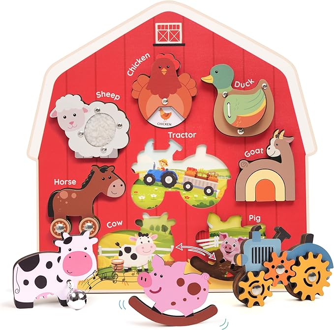 Wooden Montessori Farm Puzzles for Toddlers 1-3 – Interactive Sensory Animal Toys with Textures & Sound -Educational Puzzle & Baby Gifts for Fine Motor Skills & Autism Friendly (8 Puzzles)