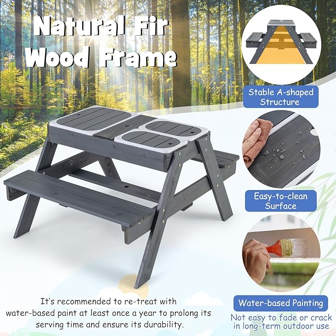 HONEY JOY Kids Picnic Table, 4 in 1 Cedar Wooden Sand & Water Table w/ 3 Removable Box & Umbrella, Kids Picnic Tables for Outdoors Backyard Garden, Toddler Patio Furniture Set for Boys Girls(Gray)