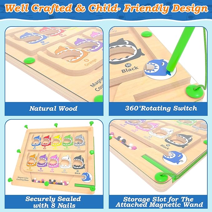 Magnetic Color & Number Maze, Montessori Counting Matching Toys, Wooden Magnet Maze Board Game, Montessori Fine Motor Skills Toys for 3 4 5 Years Old Preschool Learning Activities