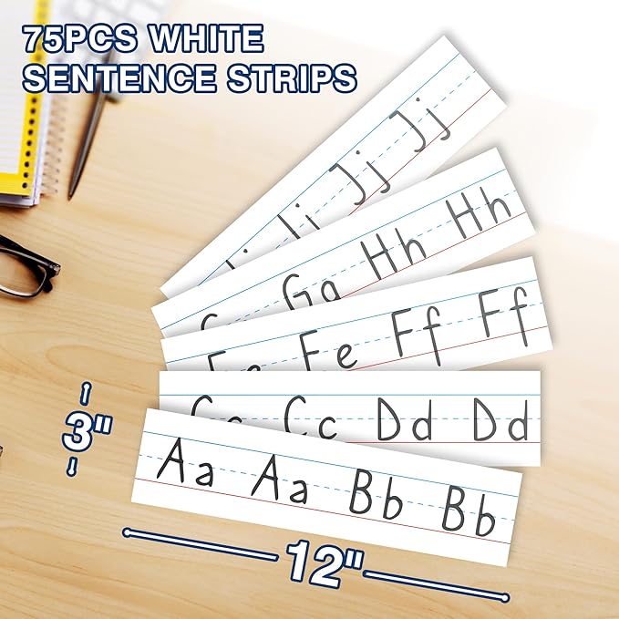 Chell Short Sentence Strips Cardstock 3” x 12”, White Ruled Word Learning Strips Nameplates for Teacher Supplies, Pack of 80
