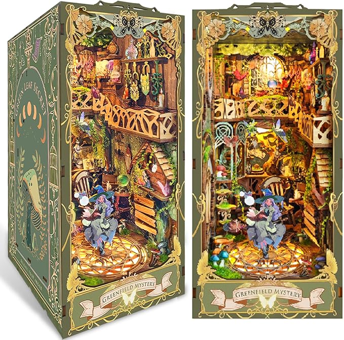DIY Book Nook Kit, DIY Miniature Dollhouse Kit for Adults and Teens, Book Nook Bookshelf Insert Decor 3D Wooden Puzzle Bookend Miniature Kit with Sensor Light Creative Craft (Green Fairyland)