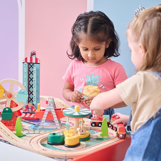 Teamson Kids Wooden Train Table – Carnival-Themed Amusement Park Playset with Ferris Wheel, Carousel & Train Track – Interactive Toy for Toddlers with Storage – Ages 3+