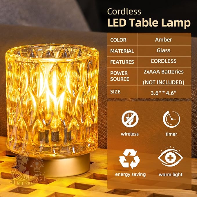 Battery Operated Table Lamps Timer, Mini Crystal Lamp for Area No Plug, Cordless Lamp with LED Bulb for Power Outage, Decorative Lamps for Tabletop/Corner/Entryway/Stairway/Bathroom/Fireplace (Amber)