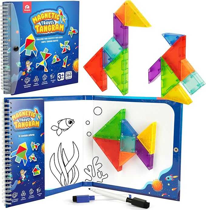 Coogam Magnetic Travel Tangram Puzzle with 3D Building Blocks, Road Trip Pattern Shape Handwriting Jigsaw Books with 360 Brain Teasers, Montessori Educational Toy Gift for Kids Adults