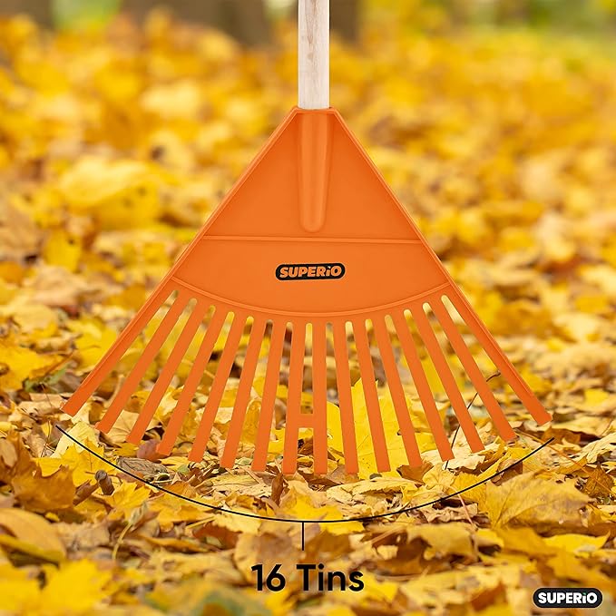 Leaf Rake, Orange Kid Size Leaf Collector, Bulk Pack Gardening Rake, 24-Pack Plastic Rakes with Wood Handle, by Superio