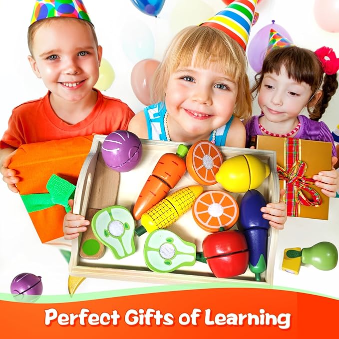 Wooden Play Food for Toddlers, Velcro Fruit and Veggies Cutting Set for Kids, Montessori Learning Toys Food, Pretend Food Play Kitchen Accessories for 3 4 5 6 Years Old Boys & Girls Gift