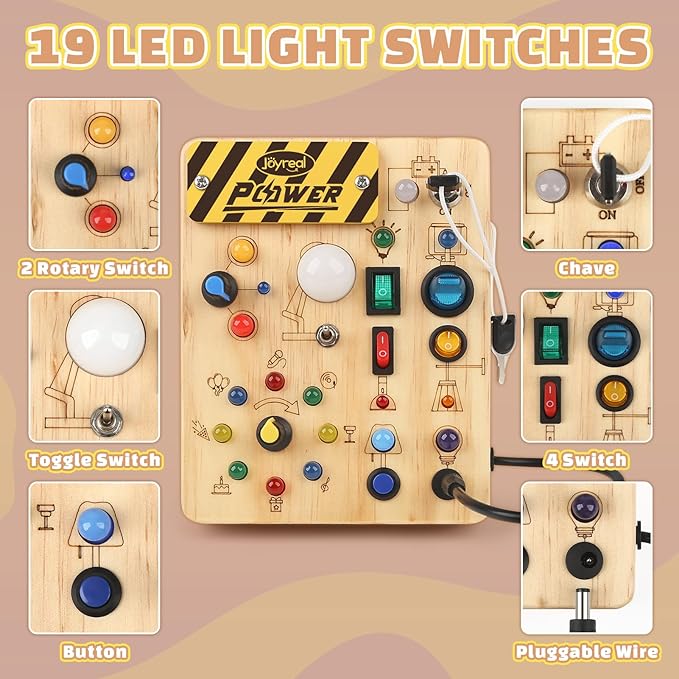 Joyreal Montessori Busy Board Wooden Sensory Toys for Toddler with LED Light Up Switch, Baby Fidget Board Travel Toys for 18+ Months, Boys Girls Birthday, Medium