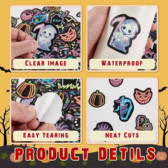70 Pcs Neon Halloween Stickers for Kids, Waterproof Decor for Water Bottle, Vinyl Laptop Decals for Teens Girls Boys, Students Classroom Prizes