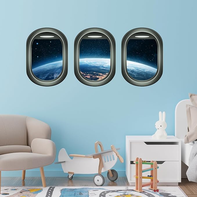 Glow in The Dark 3D Space Wall Decals, Set of 3 Galaxy Window Stickers for Wall, Space Themed Room Decor for Kids Boys (Green)