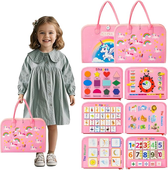AIXMEET Toddler Busy Board Montessori Toys, Sensory Board Busy Book, Toys for Toddlers 3456 Year Old, Preschool Learning Activities with Life, Shape,Color,Animal,Weather,8 Pages (Pink)