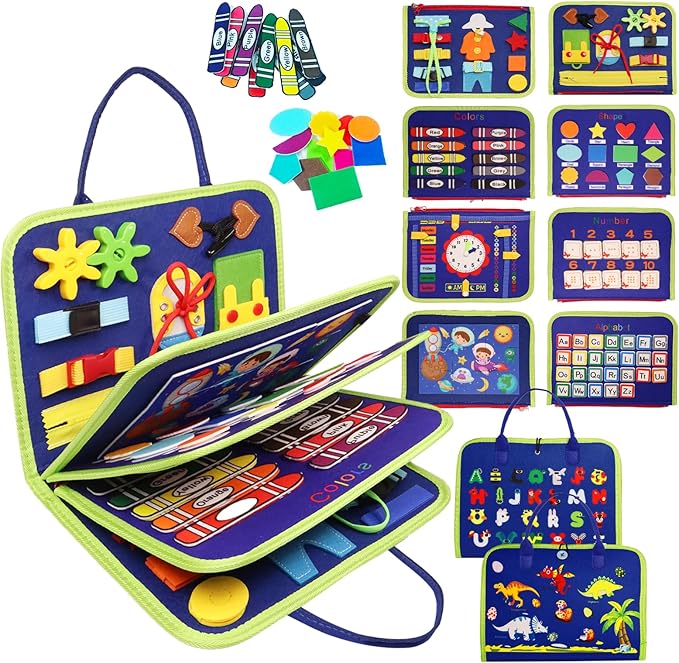 MAJAVI Toddler Busy Board Montessori Toys for 1 2 3 4 Year Old, Busy Book Sensory Educational Activities for Learning Fine Motor Skills, Gifts for Girls Boys, Travel Toys for Airplane Car, Dark Blue