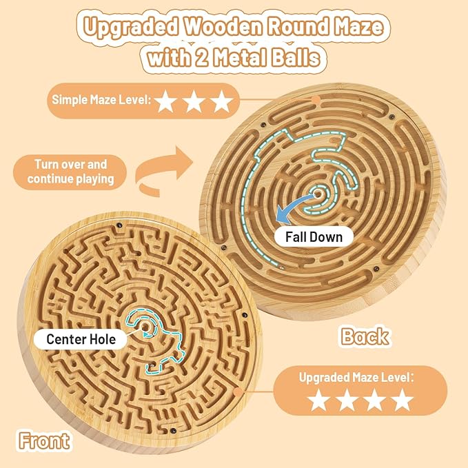 Wooden Labyrinth Board Game with Two Versions of Upgraded Circular Marble Maze with Two-Sided Design, 2-in-1 Puzzle Maze with Two Metal Balls, Brain Teaser Game for Children, Teenagers, and Adult