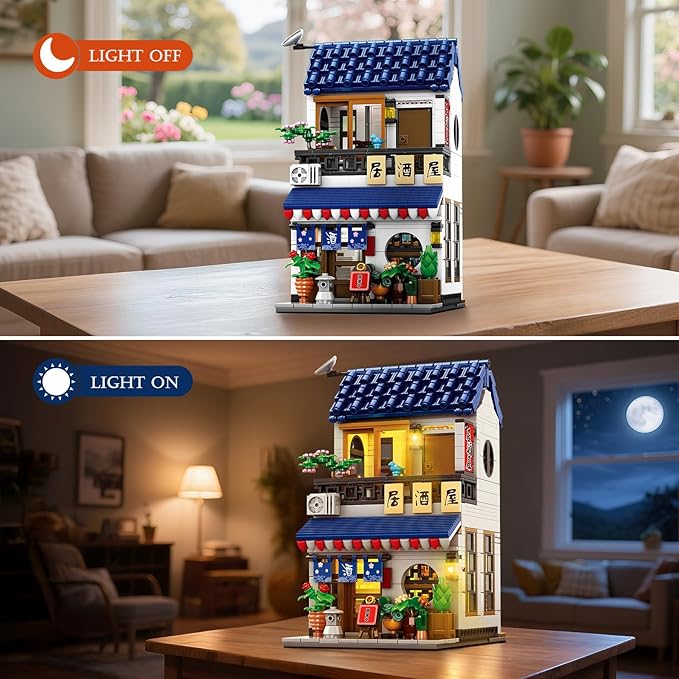 Reobrix Japanese Izakaya Shop Building Blocks 66502, 2 in 1 Creative Street View House Building Kit with Lighting Set, Japanese Architecture Home Office Decor, Ideal Gifts for Boys Girls Adults 14+