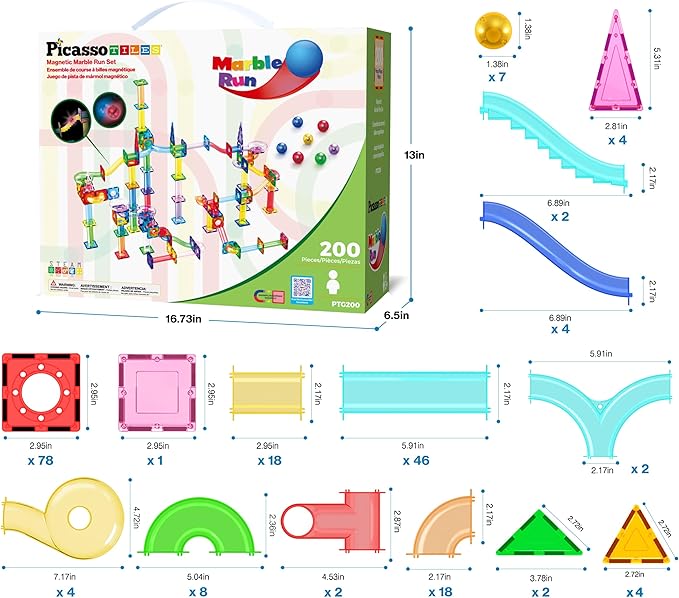 PicassoTiles 200pc Magnetic Marble Run Tiles Toy STEM Educational Race Track with Light Up Marbles Magnet Tile Building Blocks Maze Kit Sensory Pretend Play Toys for Toddlers Boys Girls Ages 3+ PTG200