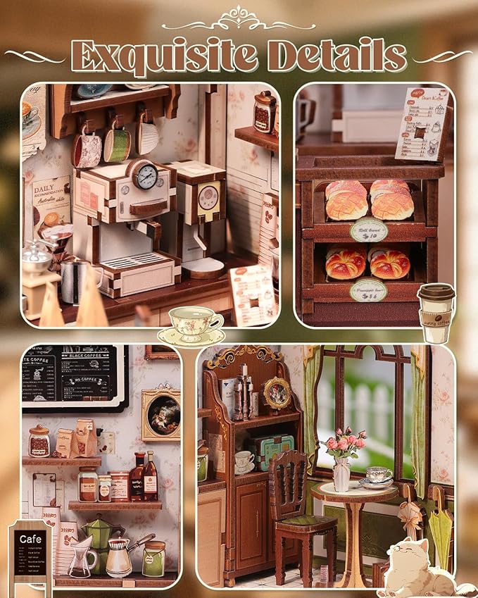 Book Nook Kit, DIY Miniature House Kits for Adult and Teens, Dollhouse Tiny Booknook Garden House Bookshelf, DIY Craft Gifts for Family and Friends（Sunny Cafe)
