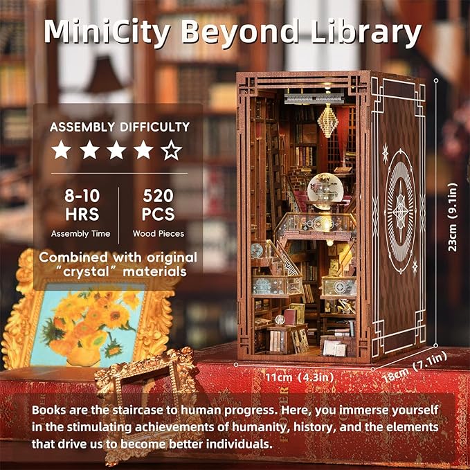 Book Nook Kit, DIY Miniature Dollhouse Booknook Kit, 3D Wooden Puzzle Bookend Bookshelf Insert Decor with LED Light for Teens and Adults (Beyond Library)