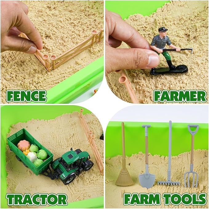 MYDOVA Farm Sensory Bin Sandbox Toys, Play Sand Farm Toys with 2.2lbs Play Sand, Farm Figures and Animals, Vegetables & Tractor Playset, Birthday Gift for Kids 3 4 5 6 7 8+ Years Old Boys Girls