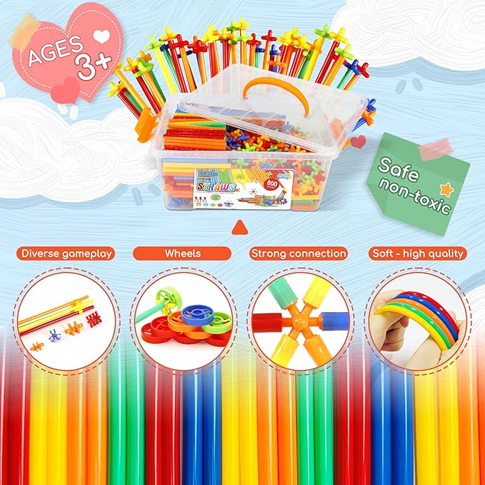 Ggiibro Straw Constructor Toys 800Pcs STEM Building Toy for 3+ Year Interlocking Plastic Engineering Toys Thin Tube Blocks Educational Toy Kit for Indoor Kids Toy with a Storage Box