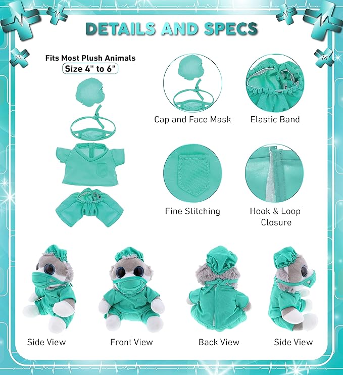 DolliBu Stuffed Animal Doctor Teddy Bear Dress Up - Cute Bear Costume Set with Surgical Cap, Mask, Scrub Shirt and Pants, Stuffed Animal Clothing Set, Collectible Teddy Bear Clothes Gift