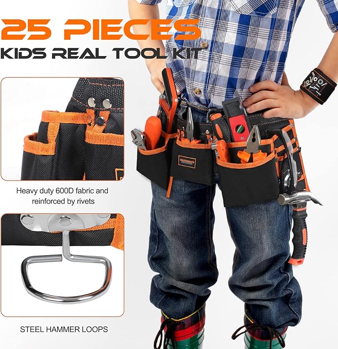 25 Pieces Kids Real Tool Kit Children Real Tool Set with Real Hand Tools, Kids Tool Belt, Pouch Bag,Magnetic Wristband for Small Hands DIY Woodworking Projects Home Repair