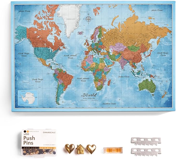 Canvas World Map with Cork Pin Board - English Lettering - Decorative Wall Decoration for All Rooms - Canvas Pictures with World Map Motif (120x80 cm, Pattern 21)