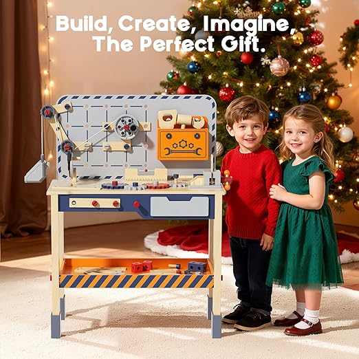 BIERUM Kids Tool Bench - Wooden Toddler Tool Bench Set with Realistic Tools, Workbench for Kids Ages 3+, Pretend Play Construction Workshop for Toddlers, Educational Toy Gift for Boys and Girls