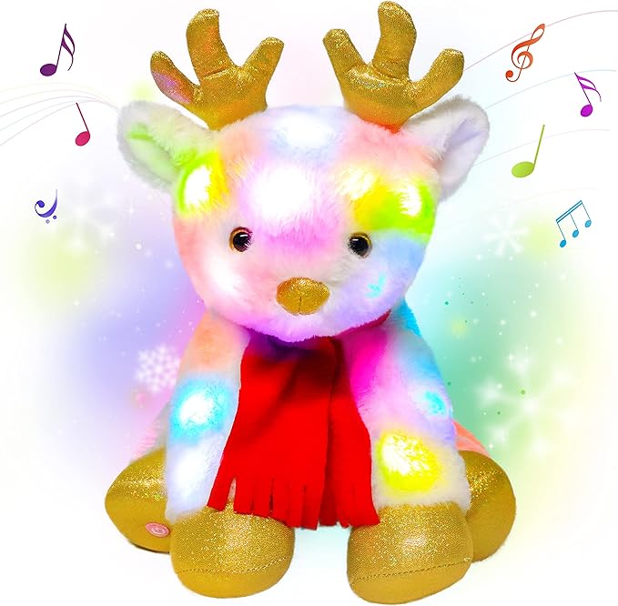 Cuteoy Light-up Singing Plush White Reindeer LED Musical Stuffed Animal Elf Adjustable Volume Lullaby Plushies Birthday Christmas Toy Gifts for Kids Toddler Girls, 13"