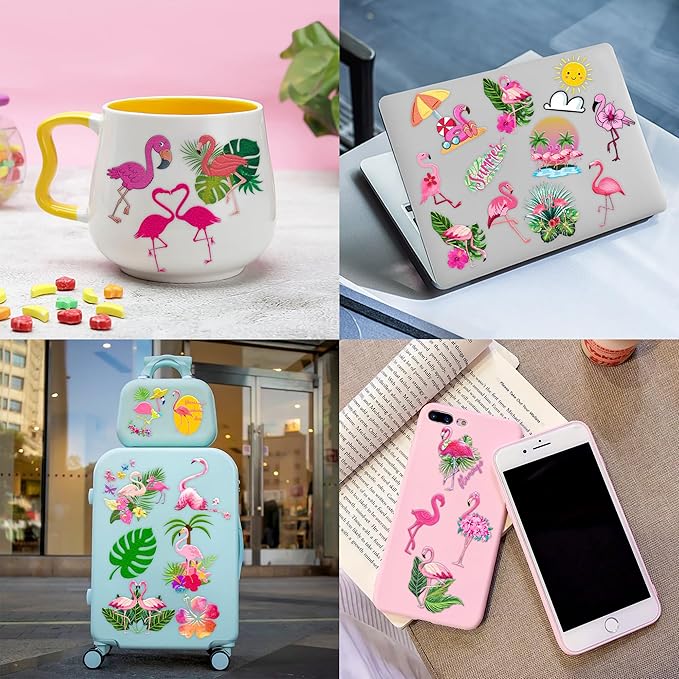 96 PCS Funny Flamingo Pre-Cut Temporary Sticker Summer Tropical Flower Hawaiian Luau Birthday Supplies Gifts Girls Boys Baby Showers Prizes Cute School Reward Themed (Normal)