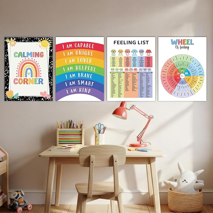 Set 12 Calming Corner Posters for Classroom Must Haves For Teachers, Composition Notebook Classroom Decor, 10x12 Calm Down Corner Supplies, Feelings Chart For Kids Ages 4-8, Feelings Wheel Poster