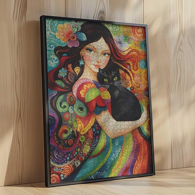 Abstract Women Jigsaw Puzzle,Black Cat Puzzles for Adults 1000 Pieces Puzzles for Families, HD Quality Lady Photo Puzzle Gift, Perfect for Party Game Gifts 27 x 20 Inches