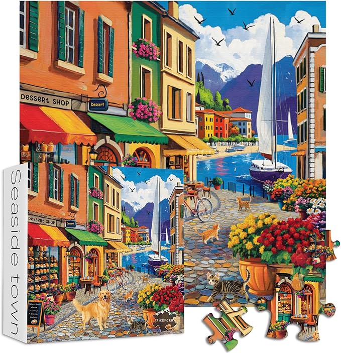PICKFORU Seaside Puzzles for Adults - 1000 Pieces, Vintage Beach & Small Town Holiday Puzzles as Wall Decor