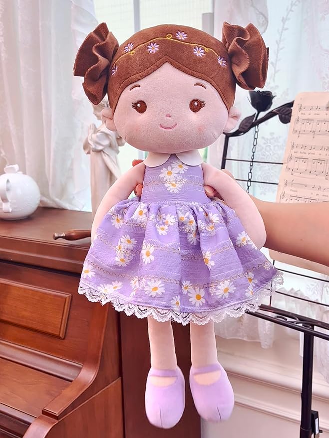 LeyaDoll Soft Baby Doll Toys (16''), My First Baby Rag Doll for 1 Year-Old Girl Birthday Gift, Christmas Plush Toys Gift for Toddler Kids Infants-Daisy-Girl-Light-Purple
