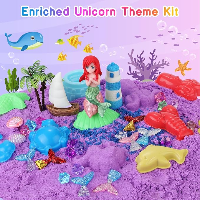 Lokuc Unicorn Sensory Bin for Girl, Unicorn and Mermaid Sensory Sand Kit Toy, 60Pcs Sandbox with 2.2 lbs Magic Sand Sensory Bins, Christmas Birthday Gift for Toddler Kid Age 3 4 5 6 7 8