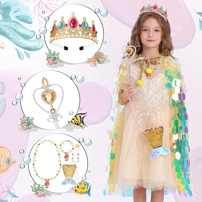Princess Dress Up Toys Princess Dress Up Clothes Rainbow Mermaid Cape Kit 9 Pcs Gift Set for Little Girls 3-8 Years