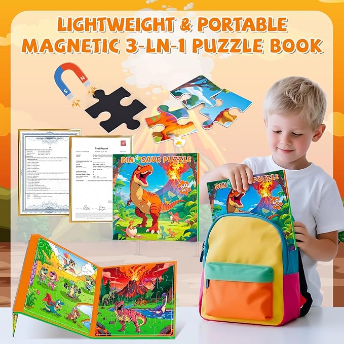 3 in 1 Magnetic Dinosaur Puzzles for Kids Ages 3-5, 3x20 Pieces Puzzles for Toddlers 4-6, Car Airplane Road Trip Activities Magnet Games Toys for 3 4 5 6 Year Old Boys
