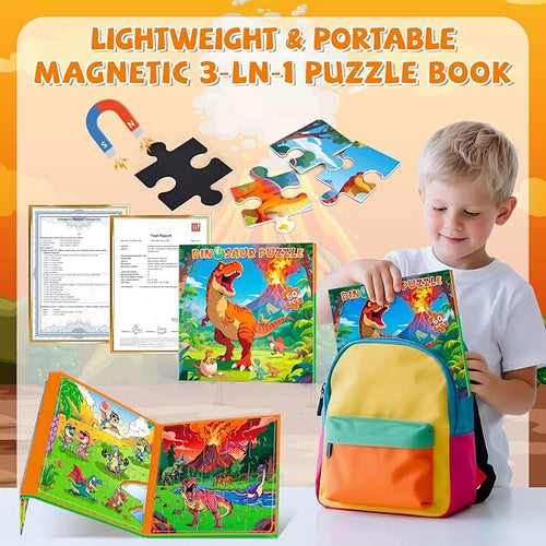 3 in 1 Magnetic Dinosaur Puzzles for Kids Ages 3-5, 3x20 Pieces Puzzles for Toddlers 4-6, Car Airplane Road Trip Activities Magnet Games Toys for 3 4 5 6 Year Old Boys