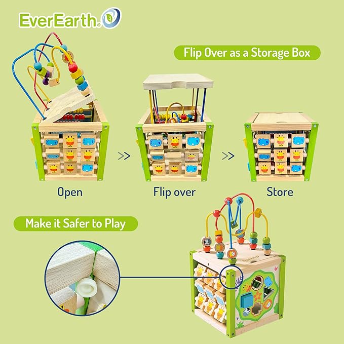 Wooden Activity Cube with Bead Maze, 5 in 1 Activity Center, Educational Learning Montessori Toys for Toddlers for Kids 1+, FSC Certified