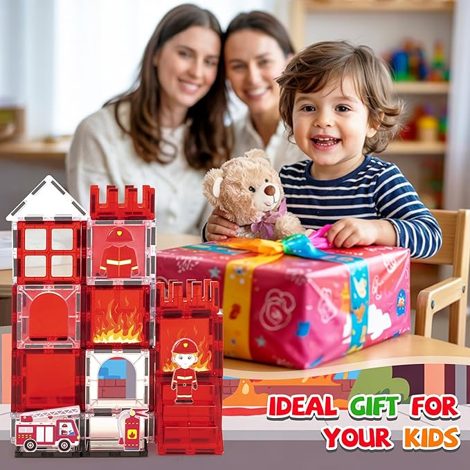 cossy Magnetic Tiles Firefighter Set, Magnet Tiles with Firefighter, Magnetic Tiles for Kids Ages 4-8, STEM Toys, Magnet Blocks for Boys and Girls, Creative Building Toys, Firefighter
