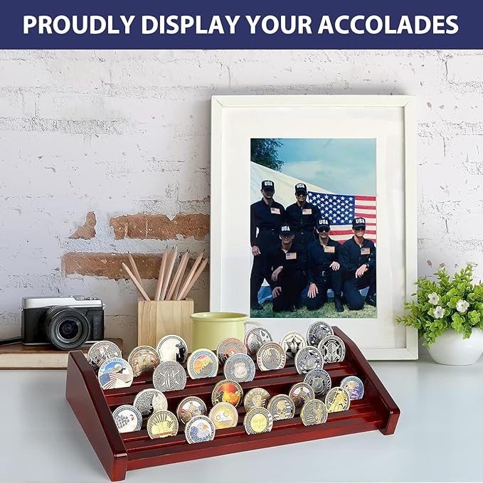 Challenge Coin Holder Display Case - 2 Tiers Solid Wood Military Coin Rack for 60-70 Coins, Army Coin Stand for Desk Display, Mahogany