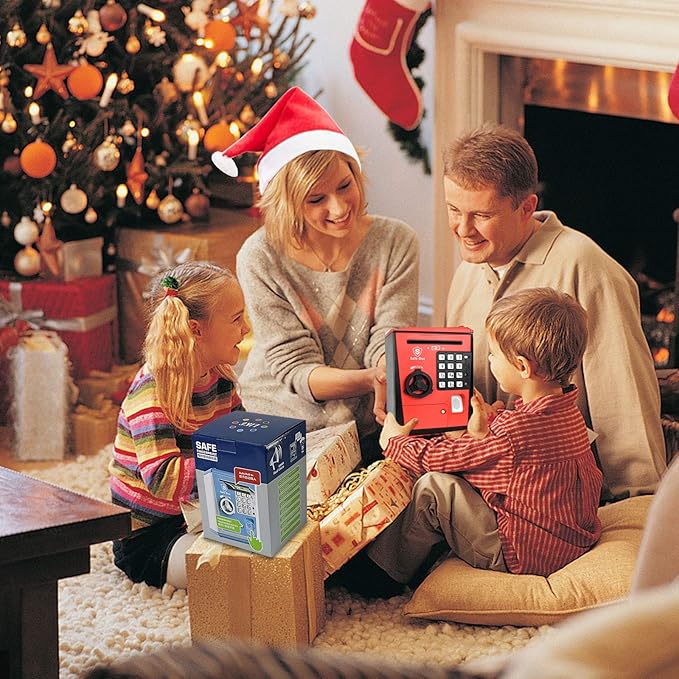 Toy Safe Box, Electronic ATM Piggy Bank, Money Coin Savings Bank, Finger Print Scanner Lock, Great Gift for Children Kids (Red/Black)