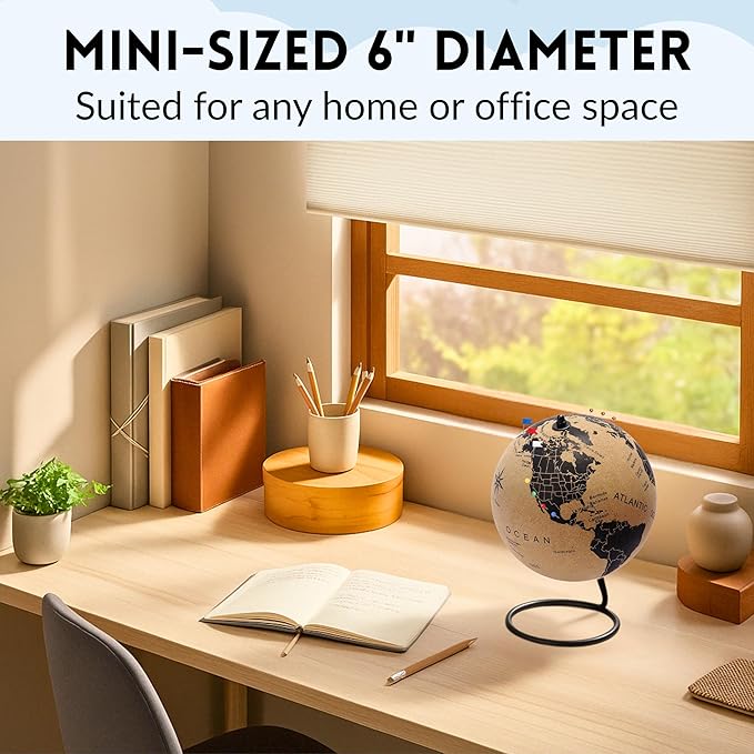 Mini Cork Globe 7.5" Tall | World Travel Map with Metallic & Colored Push Pins | 3D World Map Pin Board for Home or Office | Unique Gift for Travelers, Couples & Families Push Pins Map