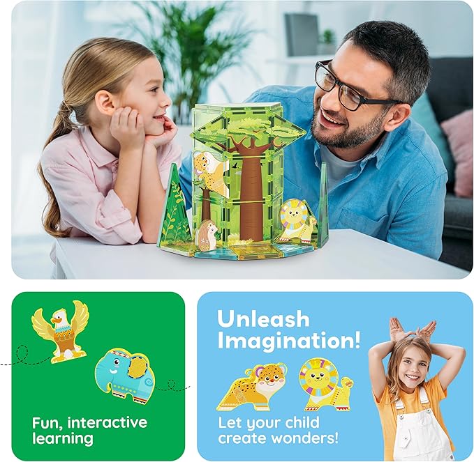 PicassoTiles Magnet Tile Building Block Safari Themed Set with 8 Compatible Magnetized Animal Action Figures Build Blocks Toddler Creativity Toys STEAM Educational Learning Skills Ages 3+ PTQ12
