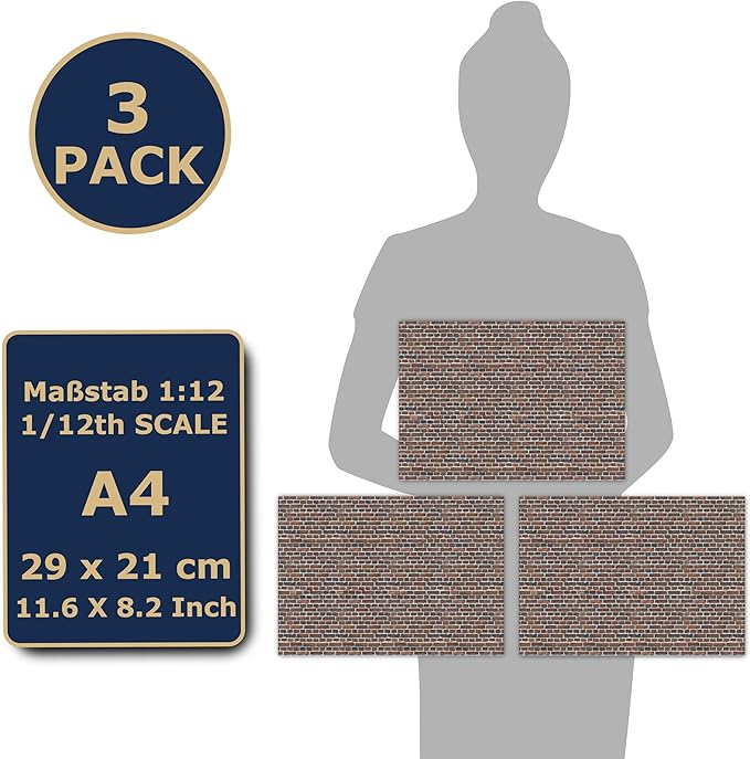 3 Sheets Self-Adhesive Wall Cladding for Dollhouse 1:12 Scale (Smoky Red Bricks)