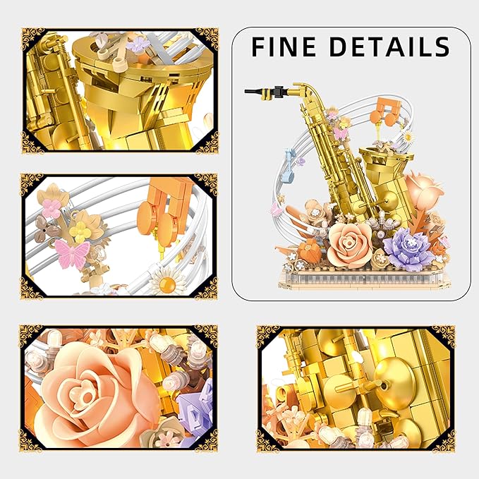Mini Building Blocks Sets Flower Saxophone - 1000+PCS Musical Instrument Micro Building Bricks Kit Toy - Creative Ideals, Collectible Architecture Decoration, Gift for Adults(Saxophone Flower)