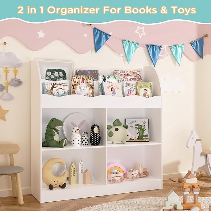 MHOM White Kids Bookshelf, Toy Storage Organizer with Book Rack and 4 Storage Cubbies, Wooden Kids Bookcase, Toy Organizers and Storage for Nursery, Playroom